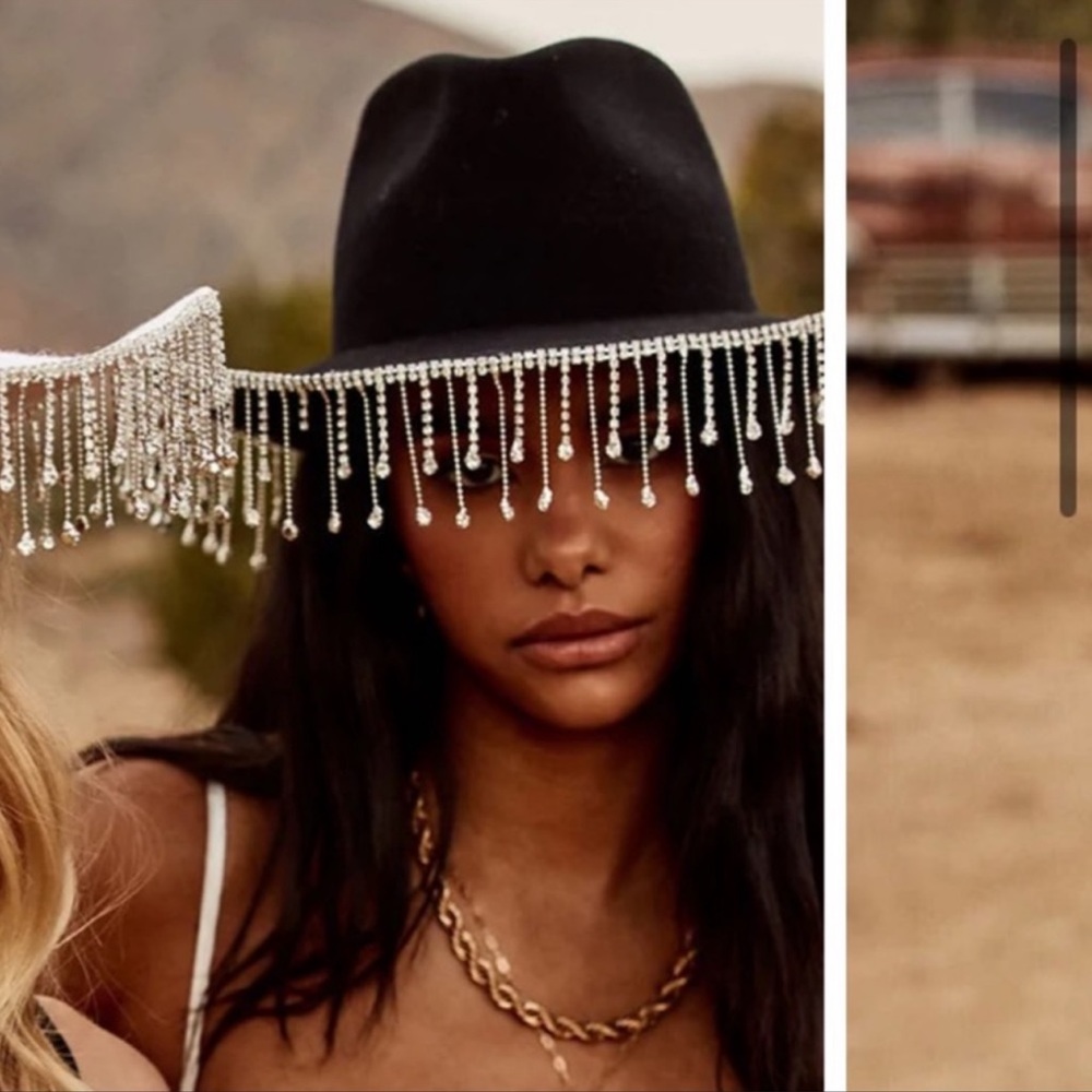 12th Tribe Priscilla Black Cowboy Rhinestone Fringe Hat